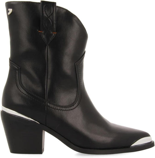 GIOSEPPO Roslyn Women's Black Cowboy Style Ankle Boot with Metal Detail in Toe and Heel