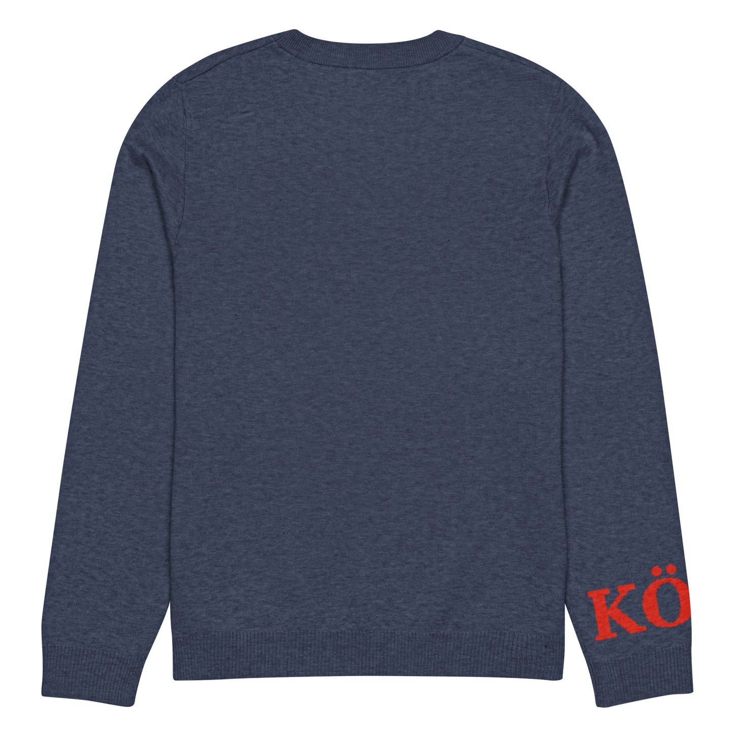 Parte trasera del jersey KÖNE azul marino mostrando textura del tejido de punto.