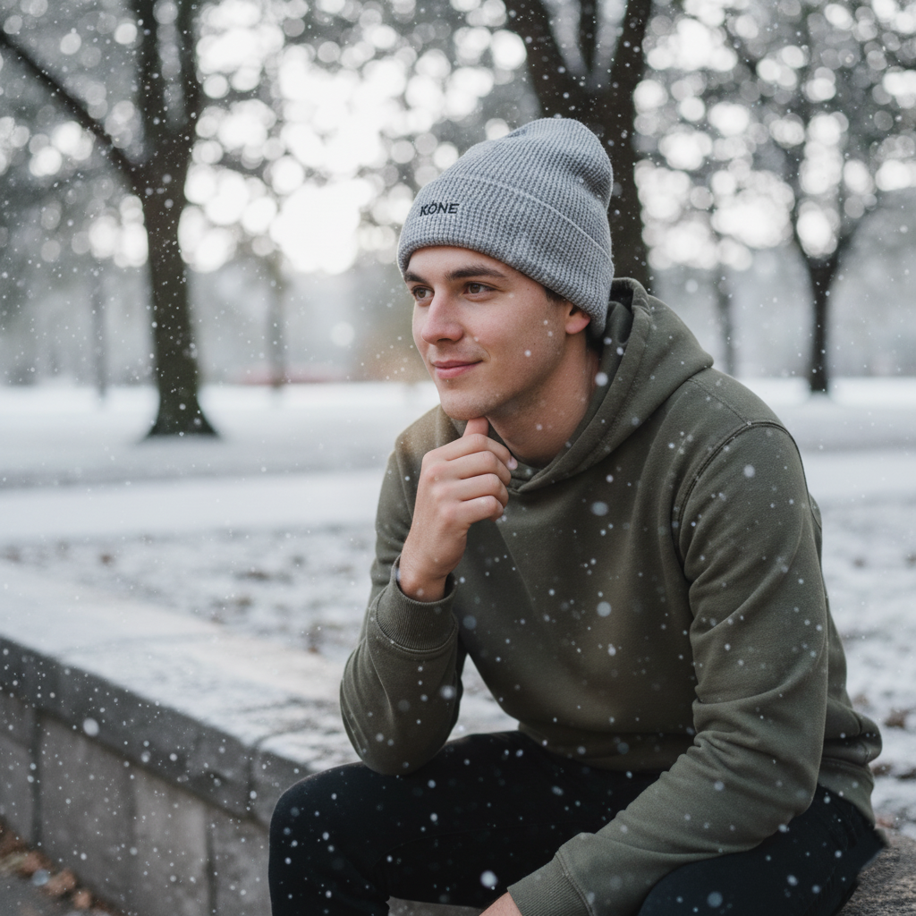 Modelo con gorro gris KÖNE caminando por la ciudad, estilo casual y moderno.