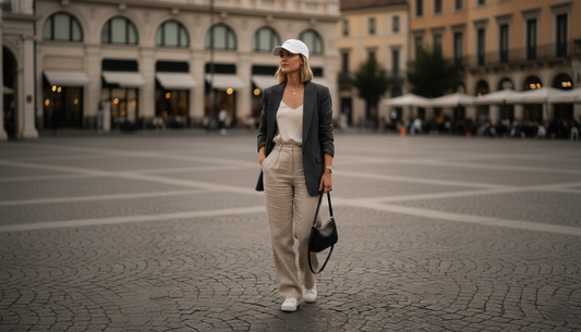 Mujer con gorra Dad Cap KÖNE blanca en entorno urbano, estilo minimalista quiet luxury