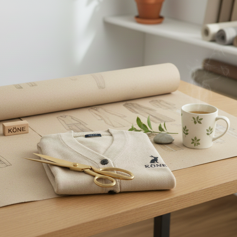 Jerséis y suéteres de punto de algodón minimalistas de la marca KÖNE en tonos beige sobre mesa de diseño.