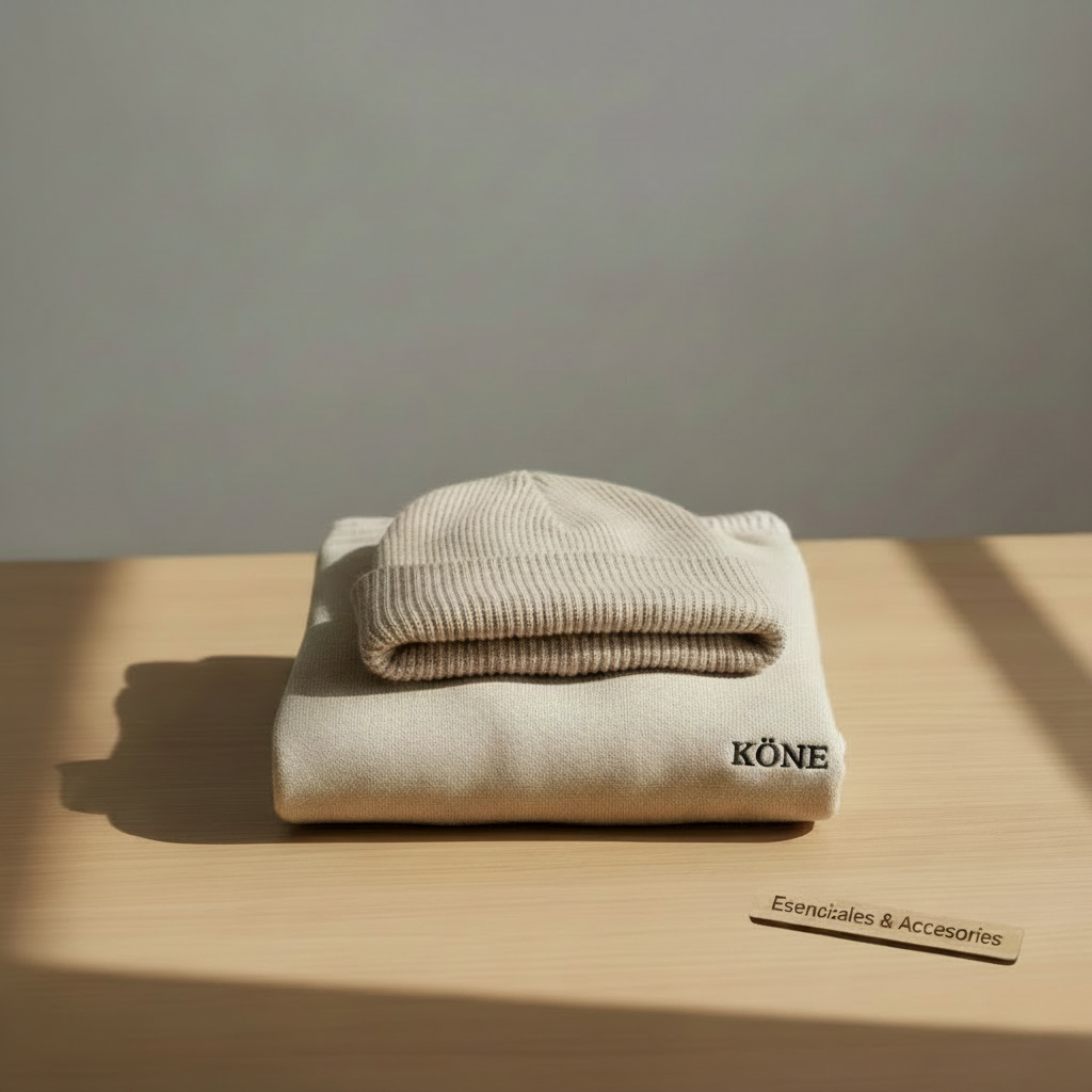 Gorro de punto de algodón en tono neutro y esenciales de la marca KÖNE sobre superficie de madera.