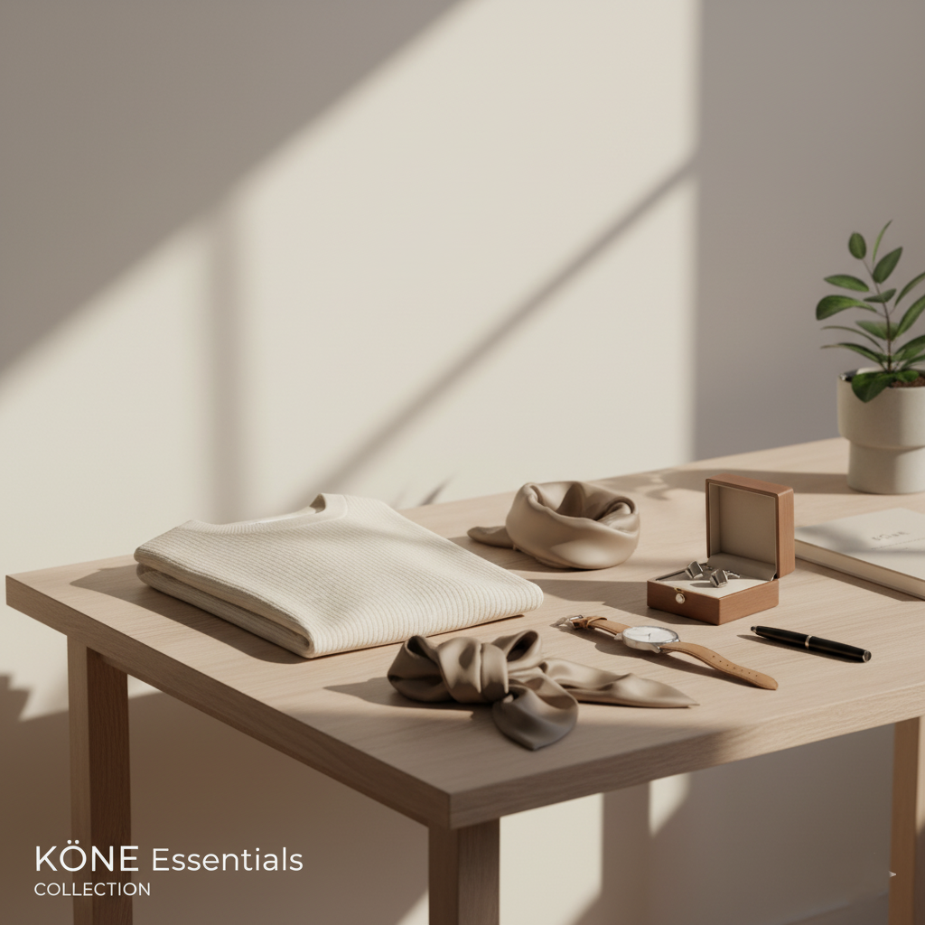 Ropa y accesorios minimalistas sobre mesa de madera en tonos neutros – KÖNE Essentials