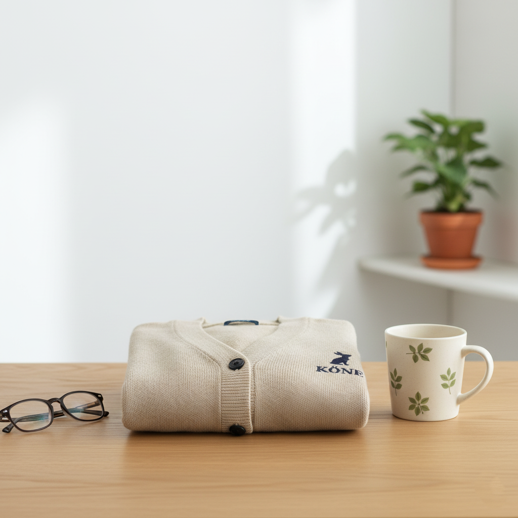 Cárdigan beige doblado sobre mesa minimalista con taza y gafas – KÖNE Men Collection