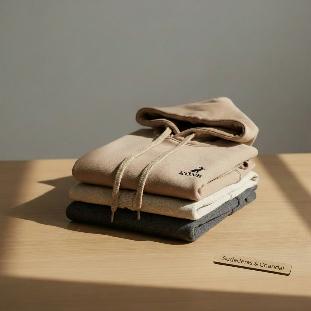 Apilado de sudaderas y hoodies de algodón orgánico con capucha de la marca KÖNE en colores beige, crema y gris.