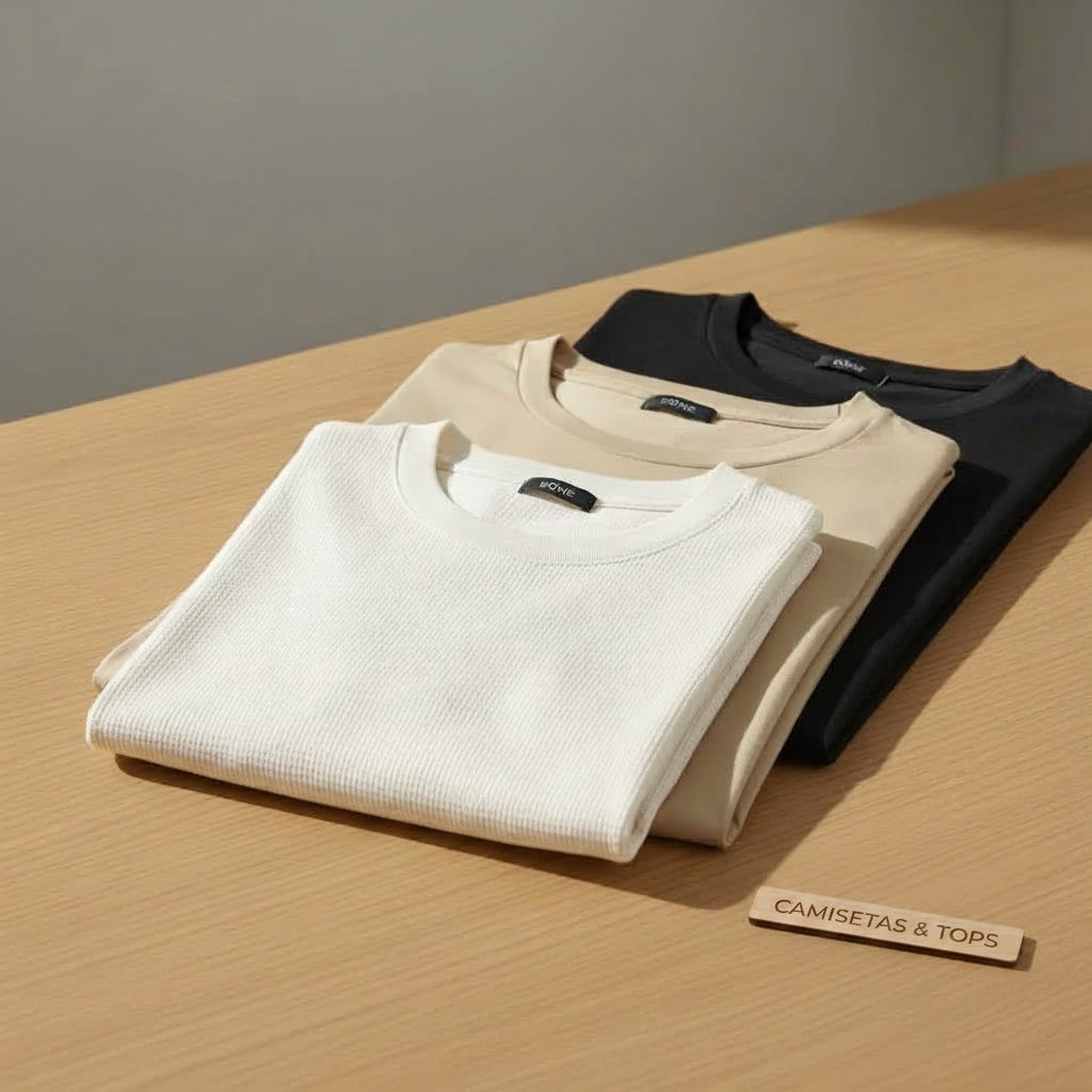 Camisetas básicas de algodón dobladas en blanco, beige y negro de la firma minimalista KÖNE.
