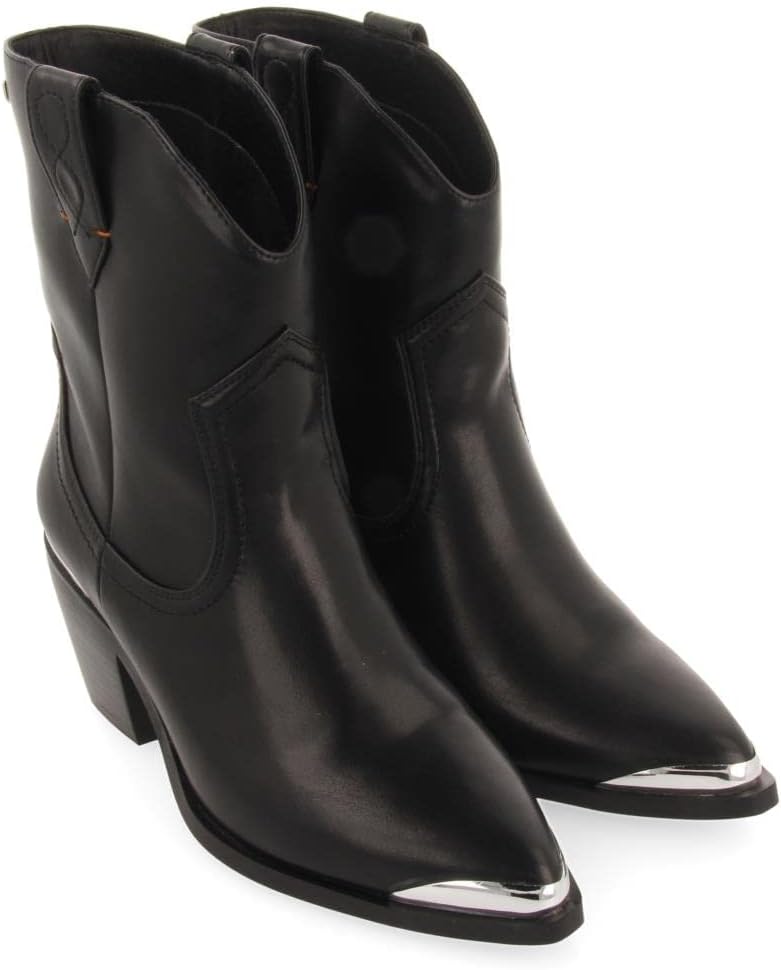 GIOSEPPO Roslyn Women's Black Cowboy Style Ankle Boot with Metal Detail in Toe and Heel