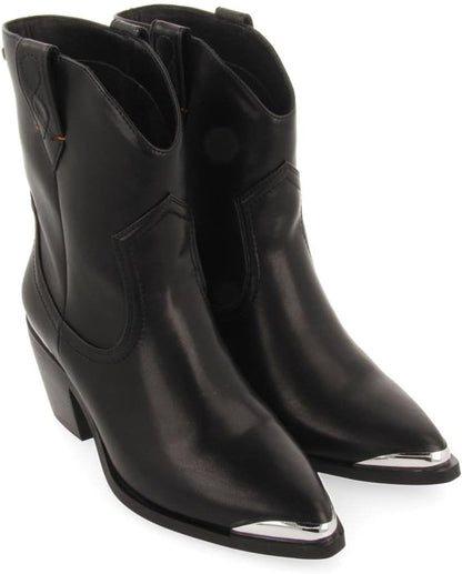 GIOSEPPO Roslyn Women's Black Cowboy Style Ankle Boot with Metal Detail in Toe and Heel