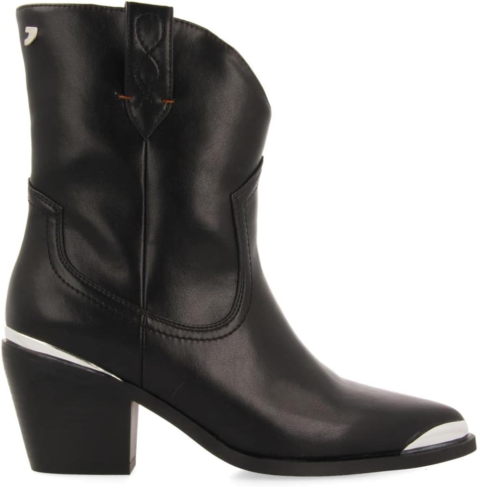 GIOSEPPO Roslyn Women's Black Cowboy Style Ankle Boot with Metal Detail in Toe and Heel