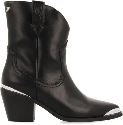 GIOSEPPO Roslyn Women's Black Cowboy Style Ankle Boot with Metal Detail in Toe and Heel
