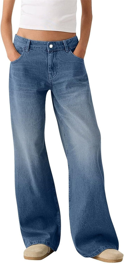 Baggy Jeans for Women High Waisted Pants High Waist Wide Leg Straight Jeans Loose Comfy Pants Elastic Baggy Boyfriend Pants with Pockets for Daily Use