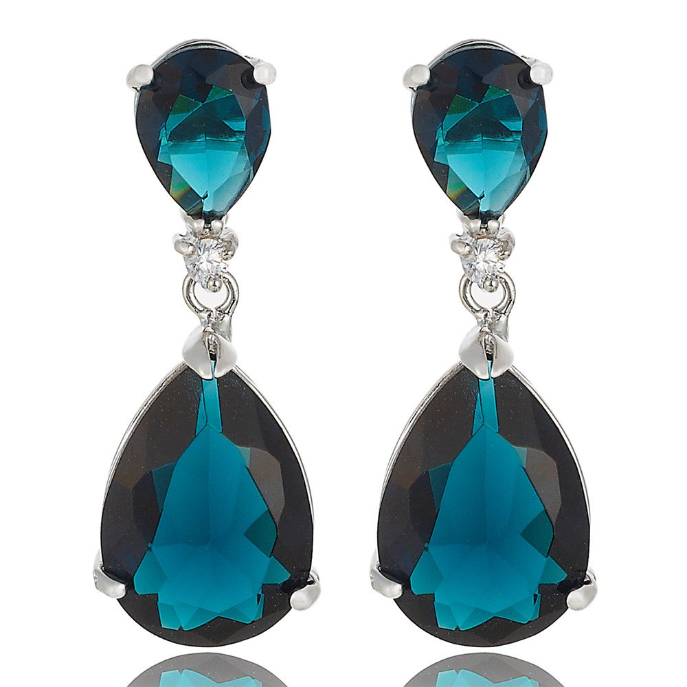 [RIZILIA CELEBOX] Teardrop Earrings Long Piercing Earrings with Pear Cut Gemstones CZ in 18K White Gold Plated, Celebrity Inspired by Angelina Jolie