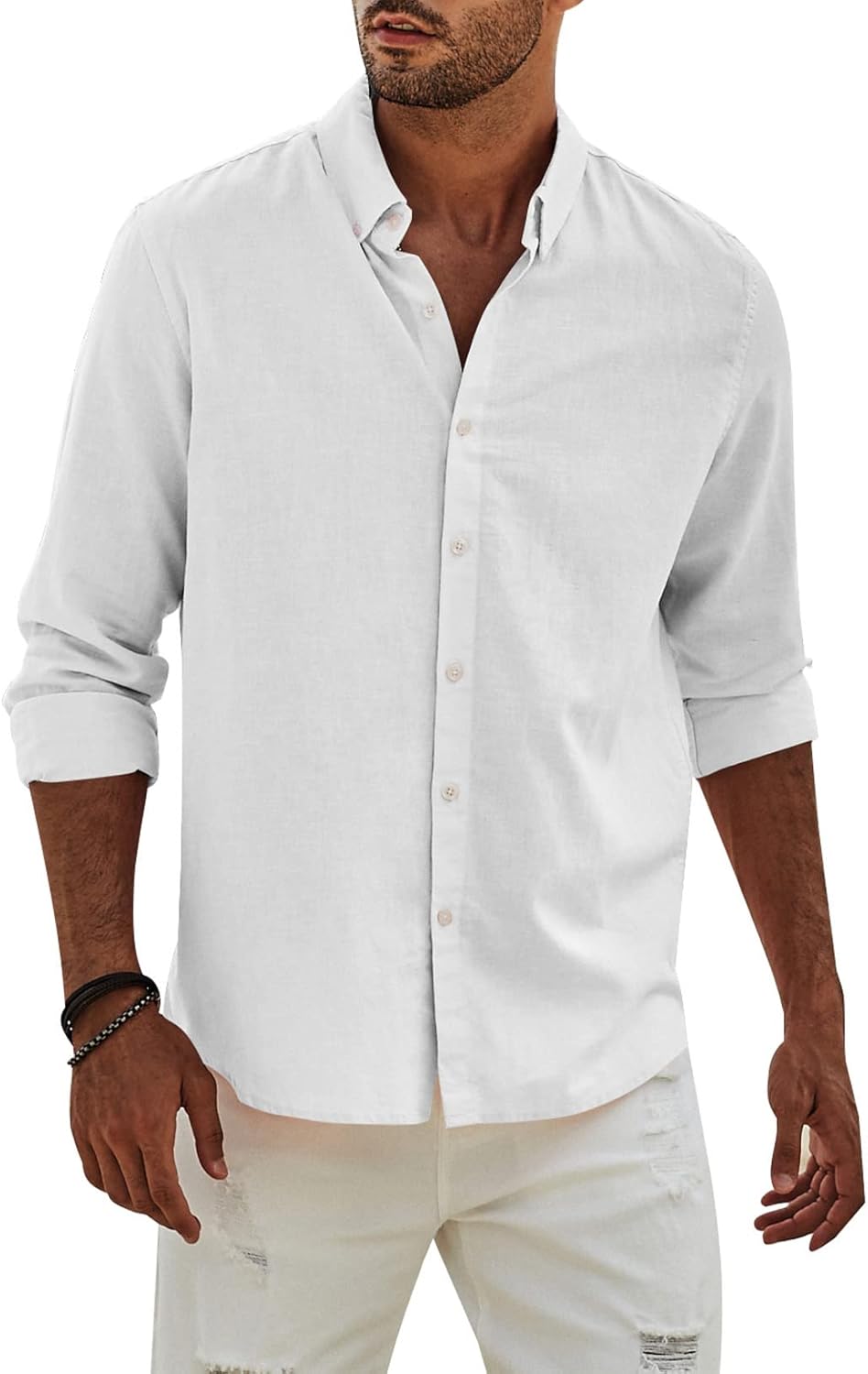 Men's Linen Shirt Long Sleeve Casual Summer Shirts Loose Leisure Solid Color Button Down Shirt Top