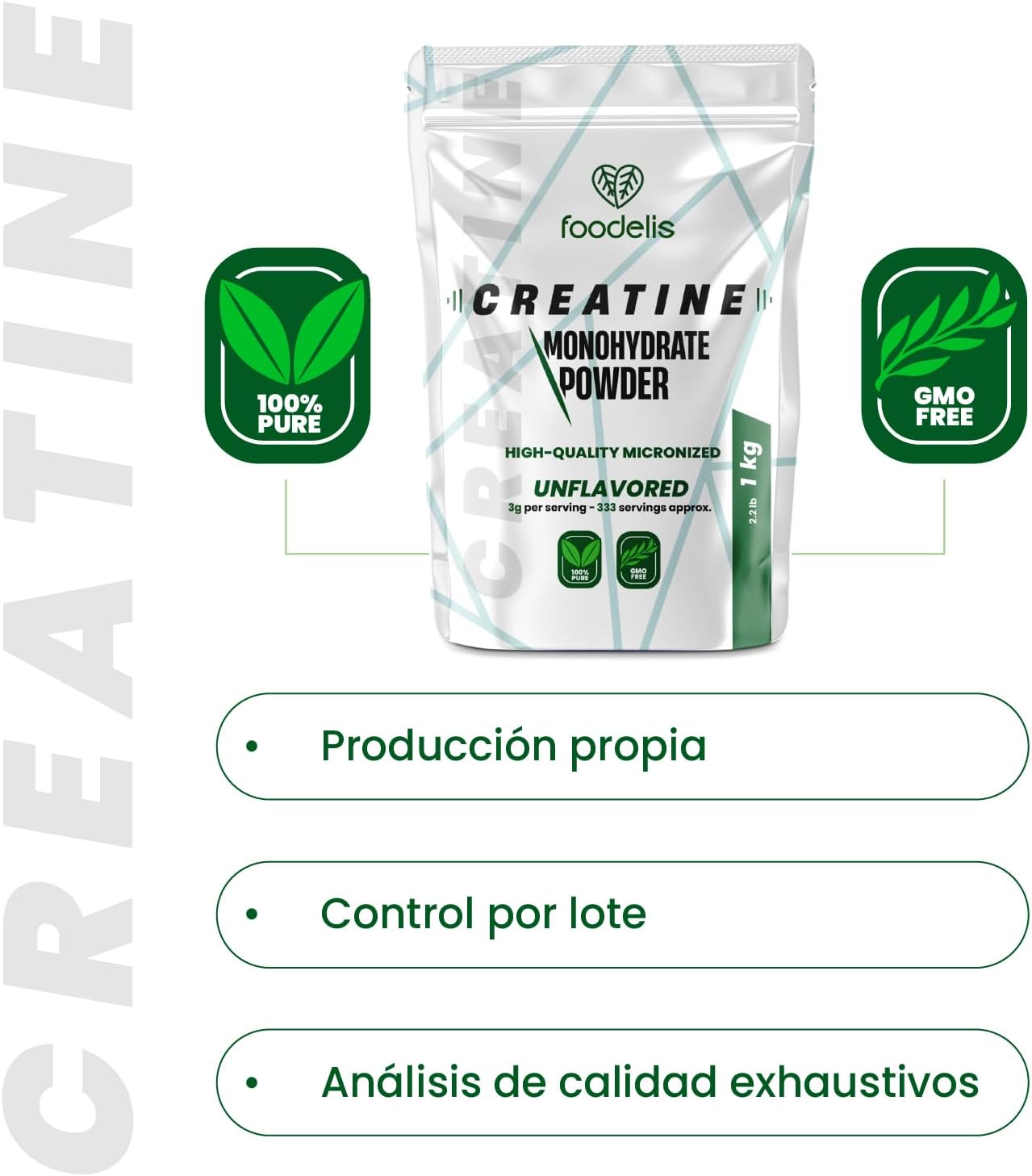 Foodelis Creatine Monohydrate Powder 1kg / 333 Doses - 100% Micronized Creatine Monohydrate - Unflavored - Pure and No Additives - Non-GMO - High Solubility - Includes Doser