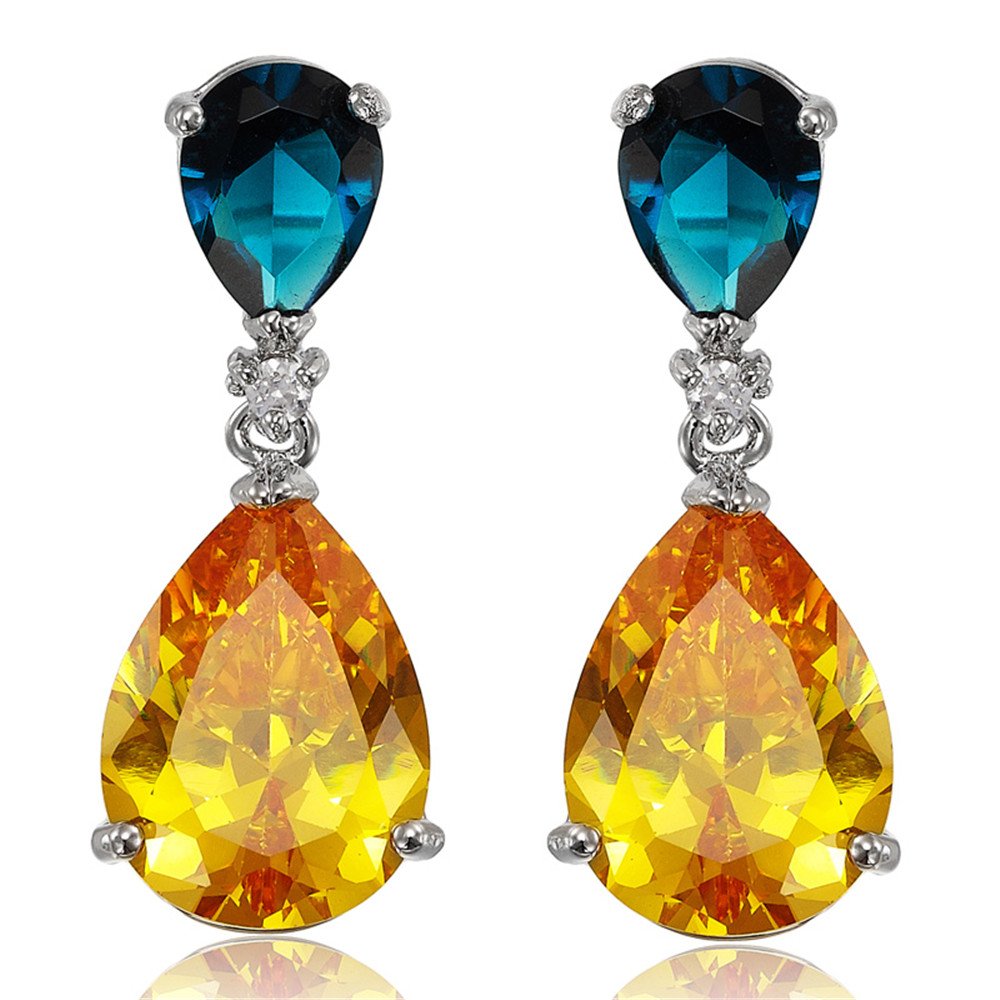 [RIZILIA CELEBOX] Teardrop Earrings Long Piercing Earrings with Pear Cut Gemstones CZ in 18K White Gold Plated, Celebrity Inspired by Angelina Jolie