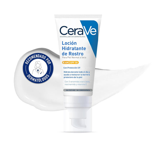 CeraVe, Loción Hidratante de Rostro SPF 50, Para Piel Normal a Seca, Hidratación y Alta Protección Contra los Rayos UVB/UVA, Enriquecida con Ceramidas, 52ml
