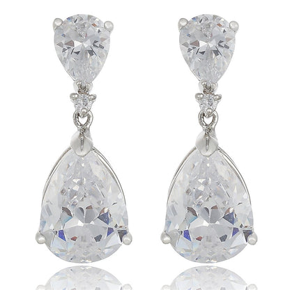 [RIZILIA CELEBOX] Teardrop Earrings Long Piercing Earrings with Pear Cut Gemstones CZ in 18K White Gold Plated, Celebrity Inspired by Angelina Jolie
