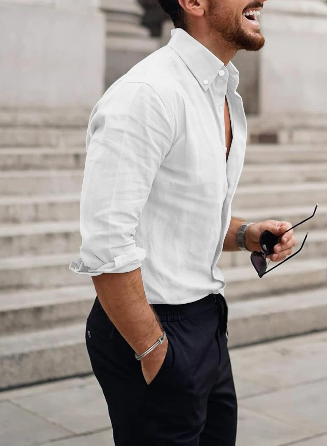 Men's Linen Shirt Long Sleeve Casual Summer Shirts Loose Leisure Solid Color Button Down Shirt Top