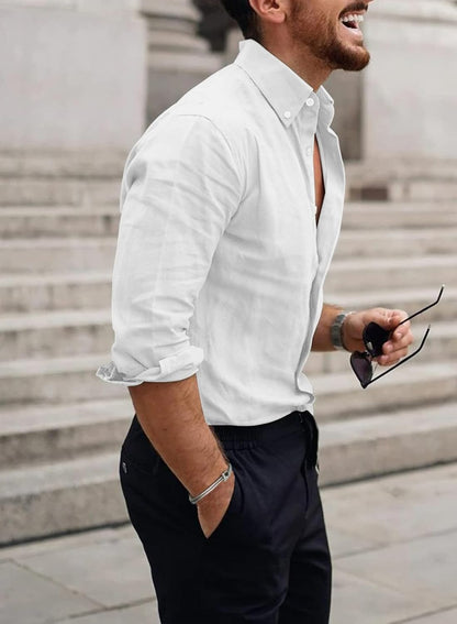Men's Linen Shirt Long Sleeve Casual Summer Shirts Loose Leisure Solid Color Button Down Shirt Top