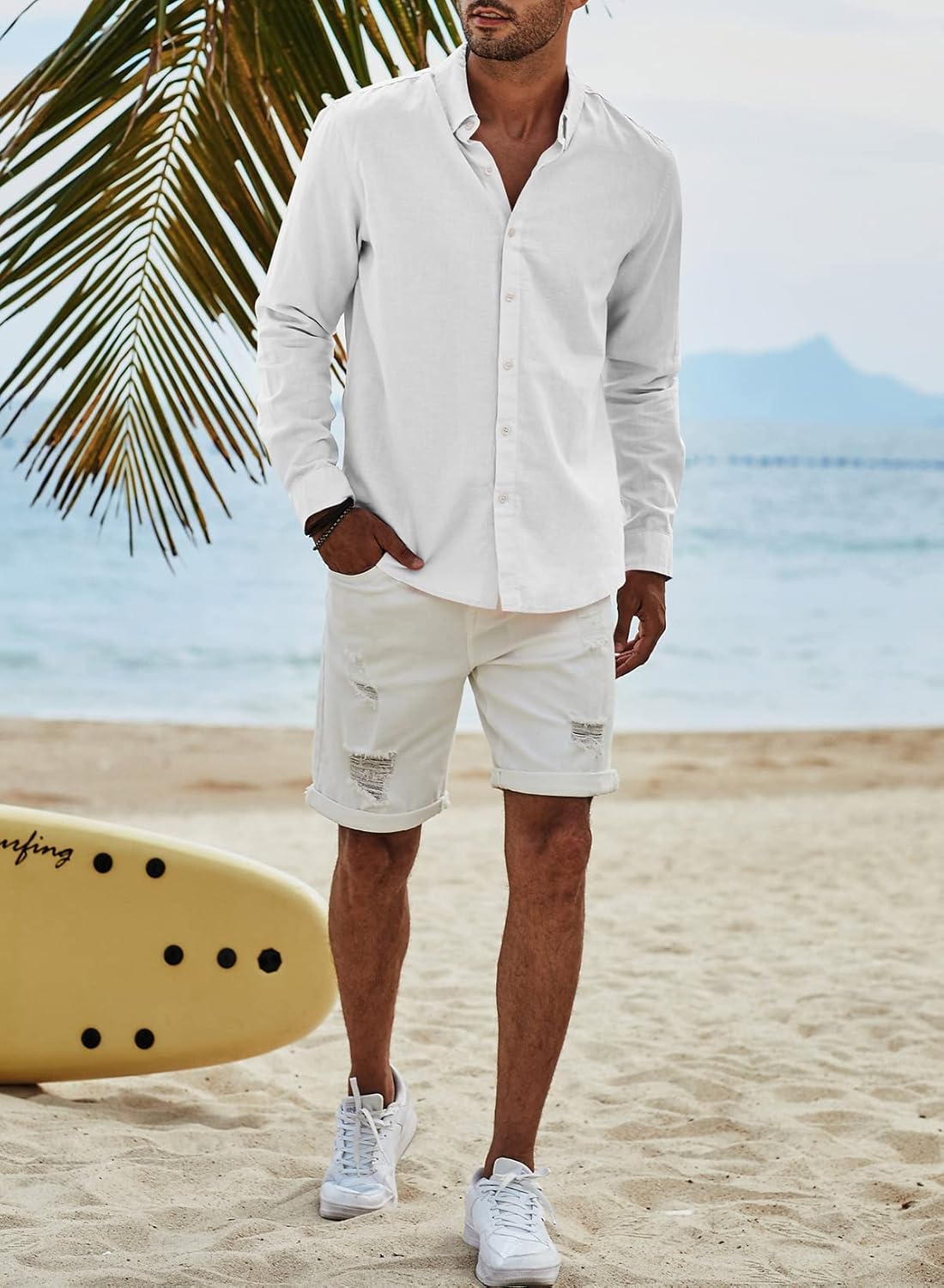 Men's Linen Shirt Long Sleeve Casual Summer Shirts Loose Leisure Solid Color Button Down Shirt Top