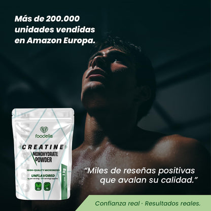 Foodelis Creatine Monohydrate Powder 1kg / 333 Doses - 100% Micronized Creatine Monohydrate - Unflavored - Pure and No Additives - Non-GMO - High Solubility - Includes Doser