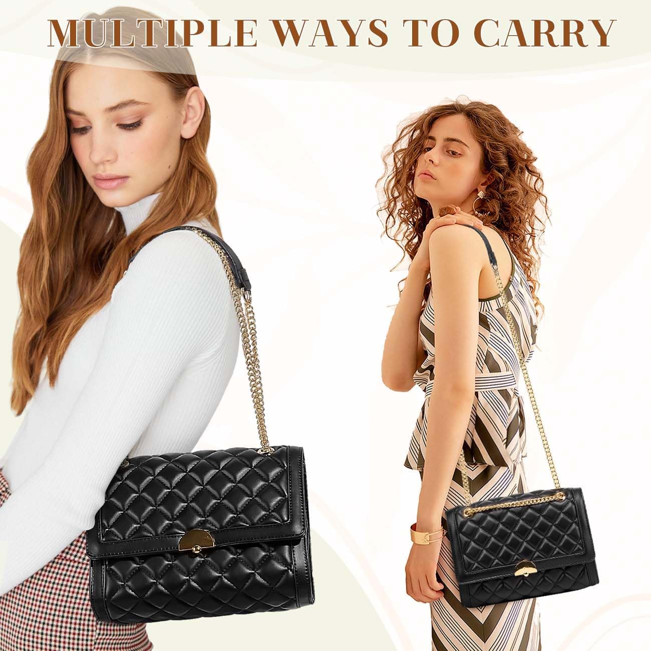 Women's Shoulder Bag, Medium Bag Crossbody Bag PU Leather Shoulder Bag with Zipper, Multiple Bag for Daily Travel Work, Black/White, Modern