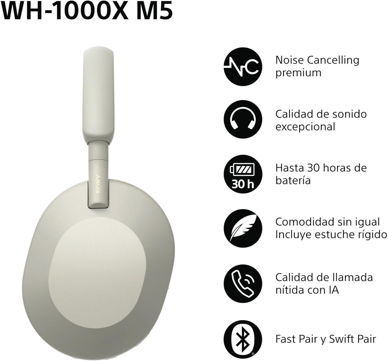 Sony WH-1000XM5 Noise Cancelling, Bluetooth On-Ear Headphones, Crystal Clear Calls, Hi-Res, 30h Battery, Quick Charge, Includes Hard Case, iOS, Android - Silver