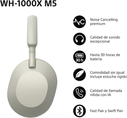 Sony WH-1000XM5 Noise Cancelling, Bluetooth On-Ear Headphones, Crystal Clear Calls, Hi-Res, 30h Battery, Quick Charge, Includes Hard Case, iOS, Android - Silver