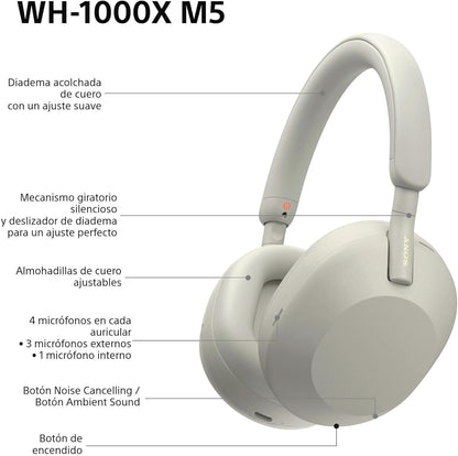 Sony WH-1000XM5 Noise Cancelling, Bluetooth On-Ear Headphones, Crystal Clear Calls, Hi-Res, 30h Battery, Quick Charge, Includes Hard Case, iOS, Android - Silver