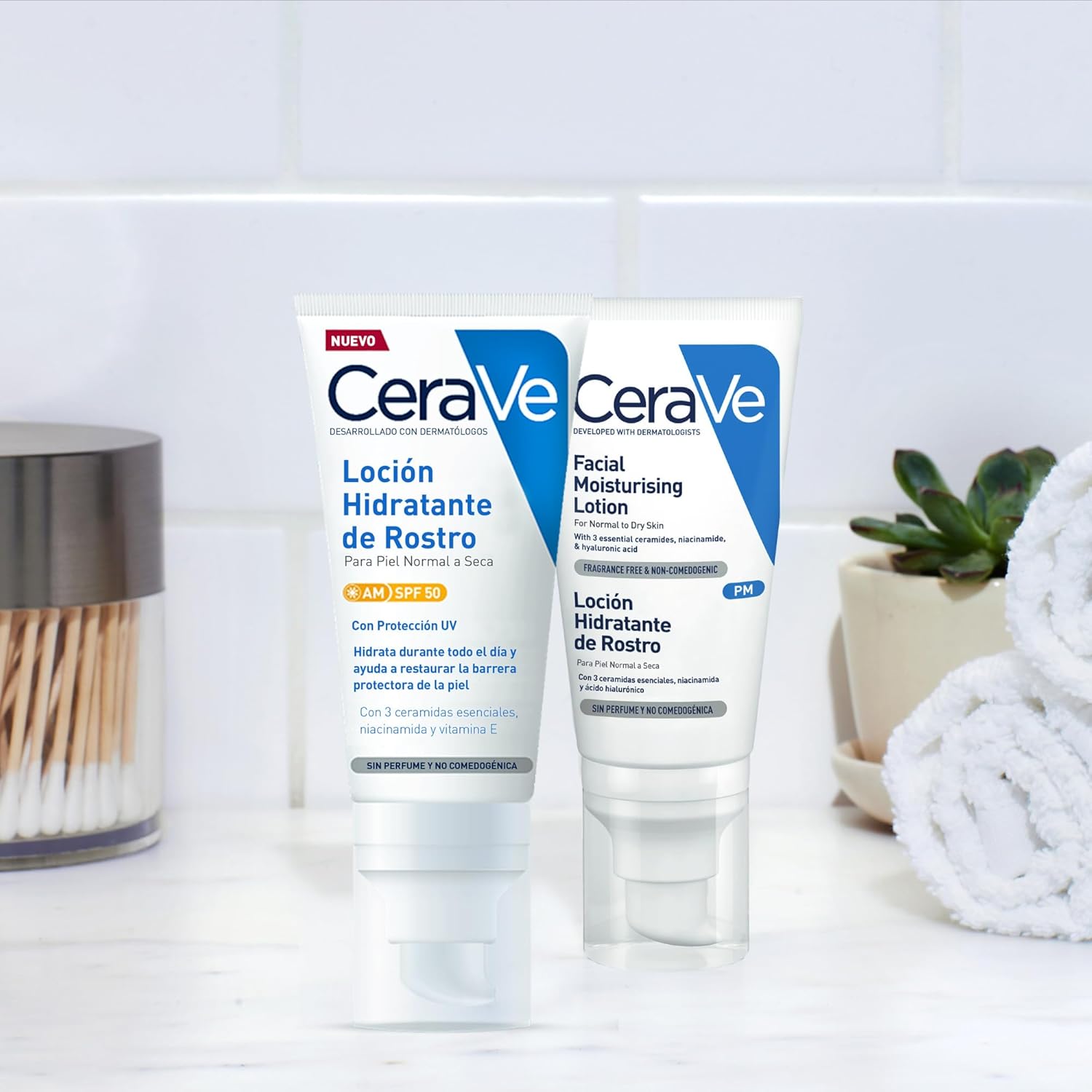 CeraVe, Loción Hidratante de Rostro SPF 50, Para Piel Normal a Seca, Hidratación y Alta Protección Contra los Rayos UVB/UVA, Enriquecida con Ceramidas, 52ml