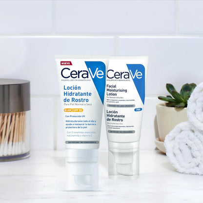 CeraVe, Loción Hidratante de Rostro SPF 50, Para Piel Normal a Seca, Hidratación y Alta Protección Contra los Rayos UVB/UVA, Enriquecida con Ceramidas, 52ml