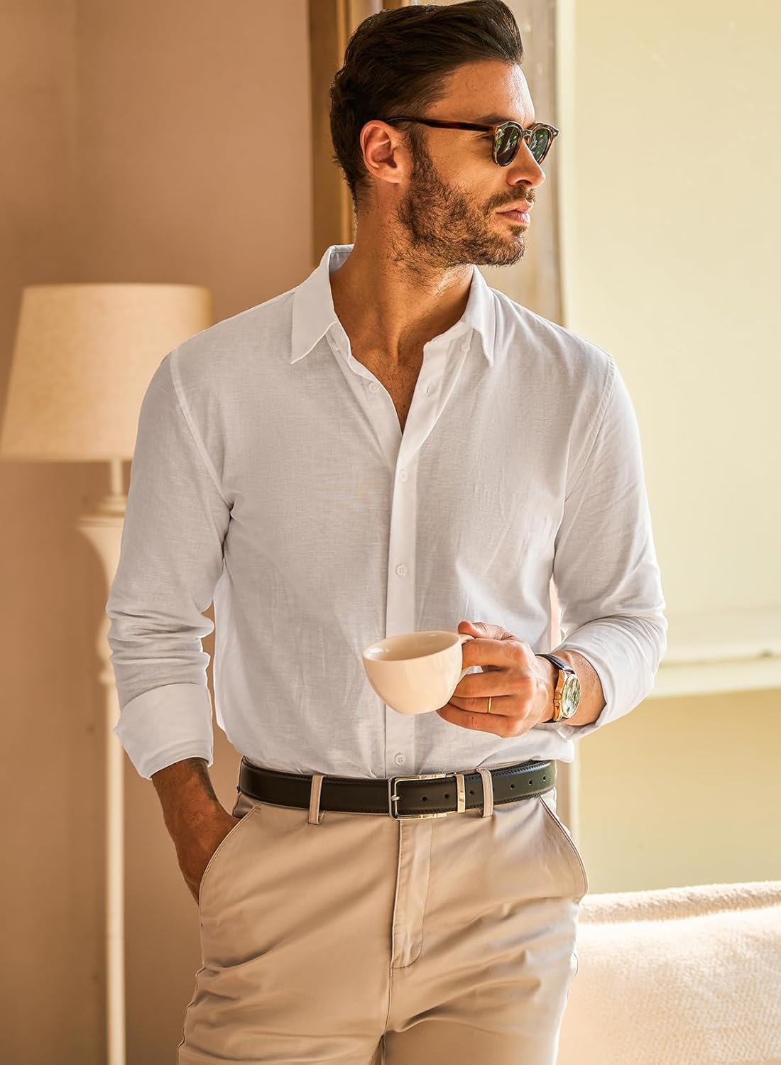 Men's Linen Shirt Long Sleeve Casual Summer Shirts Loose Leisure Solid Color Button Down Shirt Top