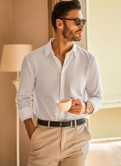 Men's Linen Shirt Long Sleeve Casual Summer Shirts Loose Leisure Solid Color Button Down Shirt Top