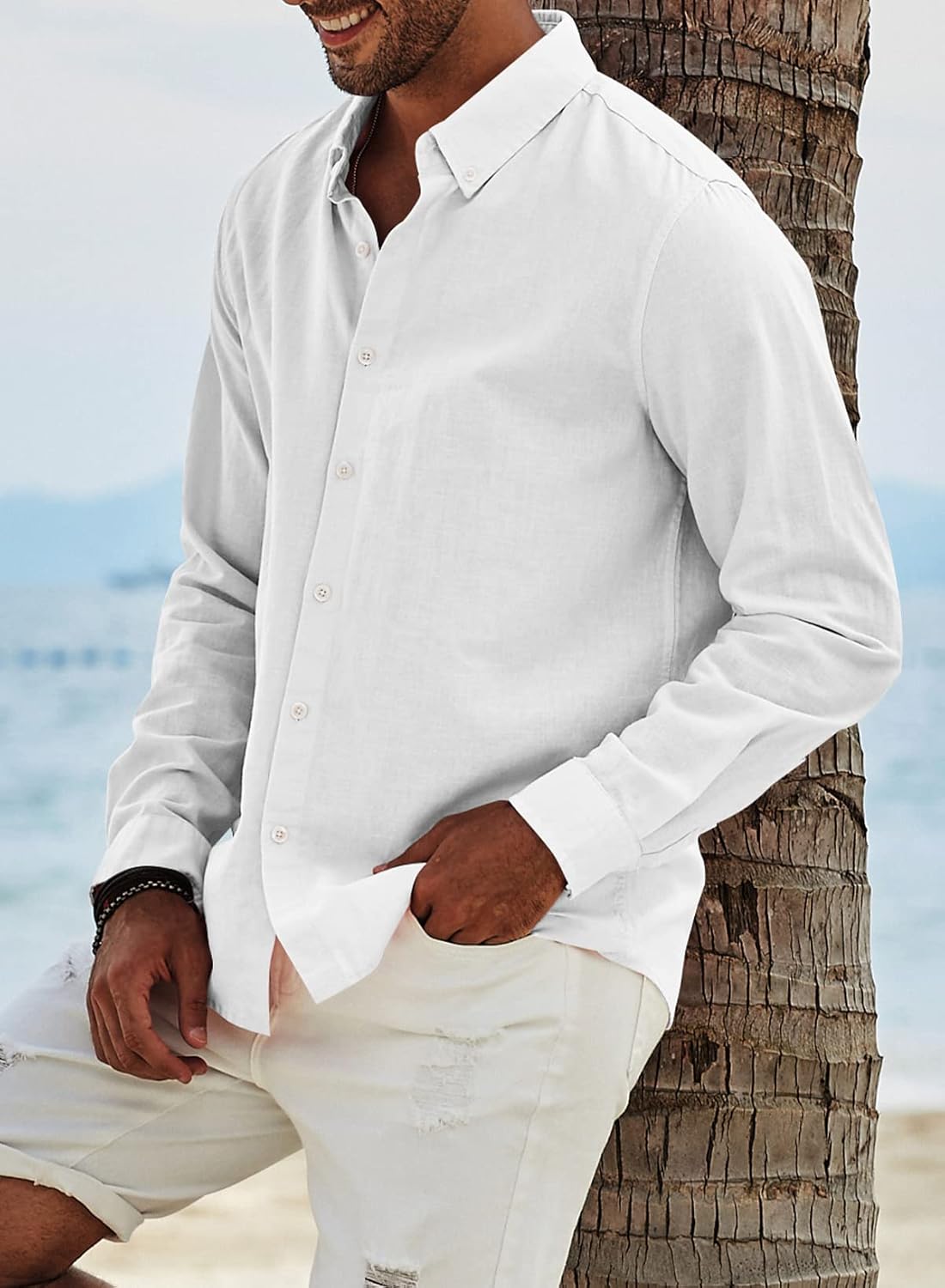 Men's Linen Shirt Long Sleeve Casual Summer Shirts Loose Leisure Solid Color Button Down Shirt Top