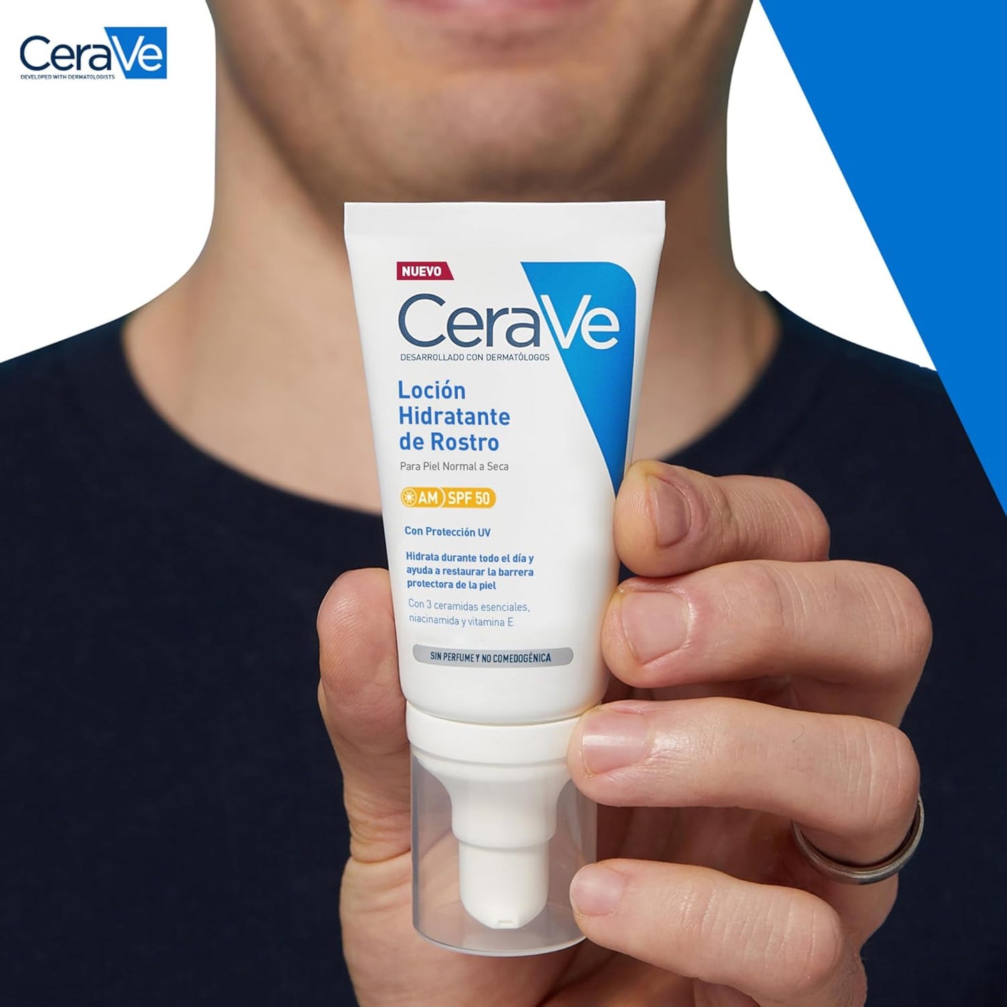 CeraVe, Loción Hidratante de Rostro SPF 50, Para Piel Normal a Seca, Hidratación y Alta Protección Contra los Rayos UVB/UVA, Enriquecida con Ceramidas, 52ml