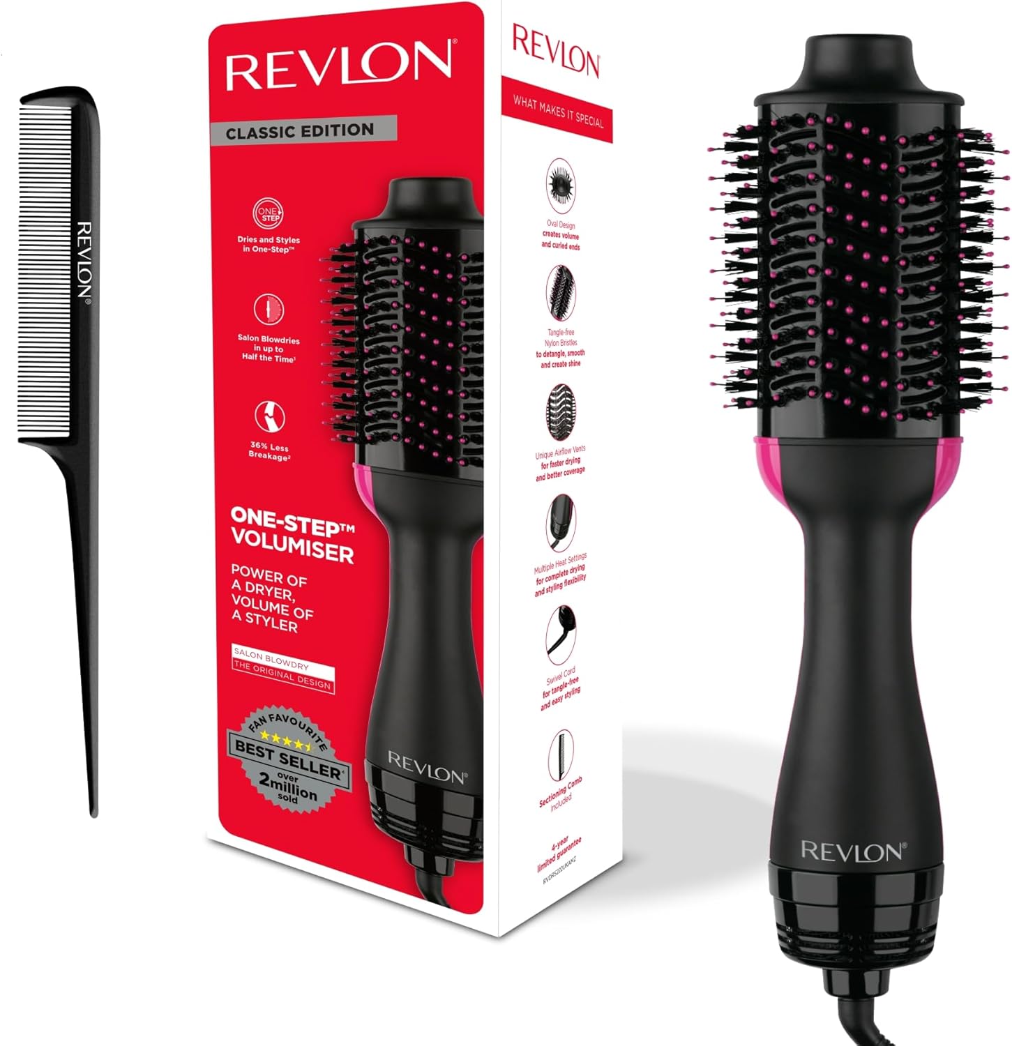 REVLON Salon One-Step Dryer and Volumizer with Sectioning Comb Included - 3 Heat Settings and 2 Speeds, Ceramic Coating, Ergonomic Handle, Original with Comb