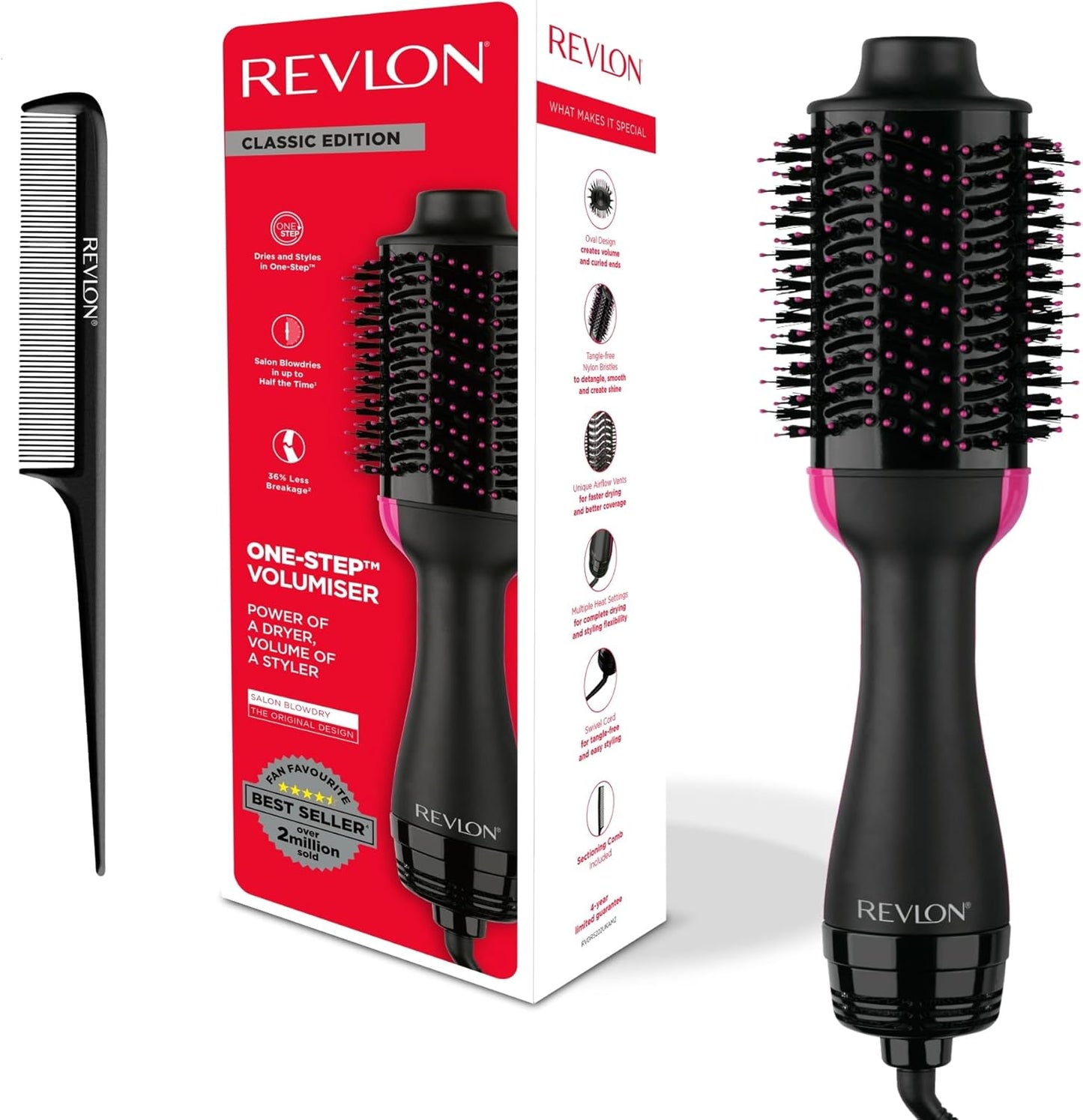 REVLON Salon One-Step Dryer and Volumizer with Sectioning Comb Included - 3 Heat Settings and 2 Speeds, Ceramic Coating, Ergonomic Handle, Original with Comb