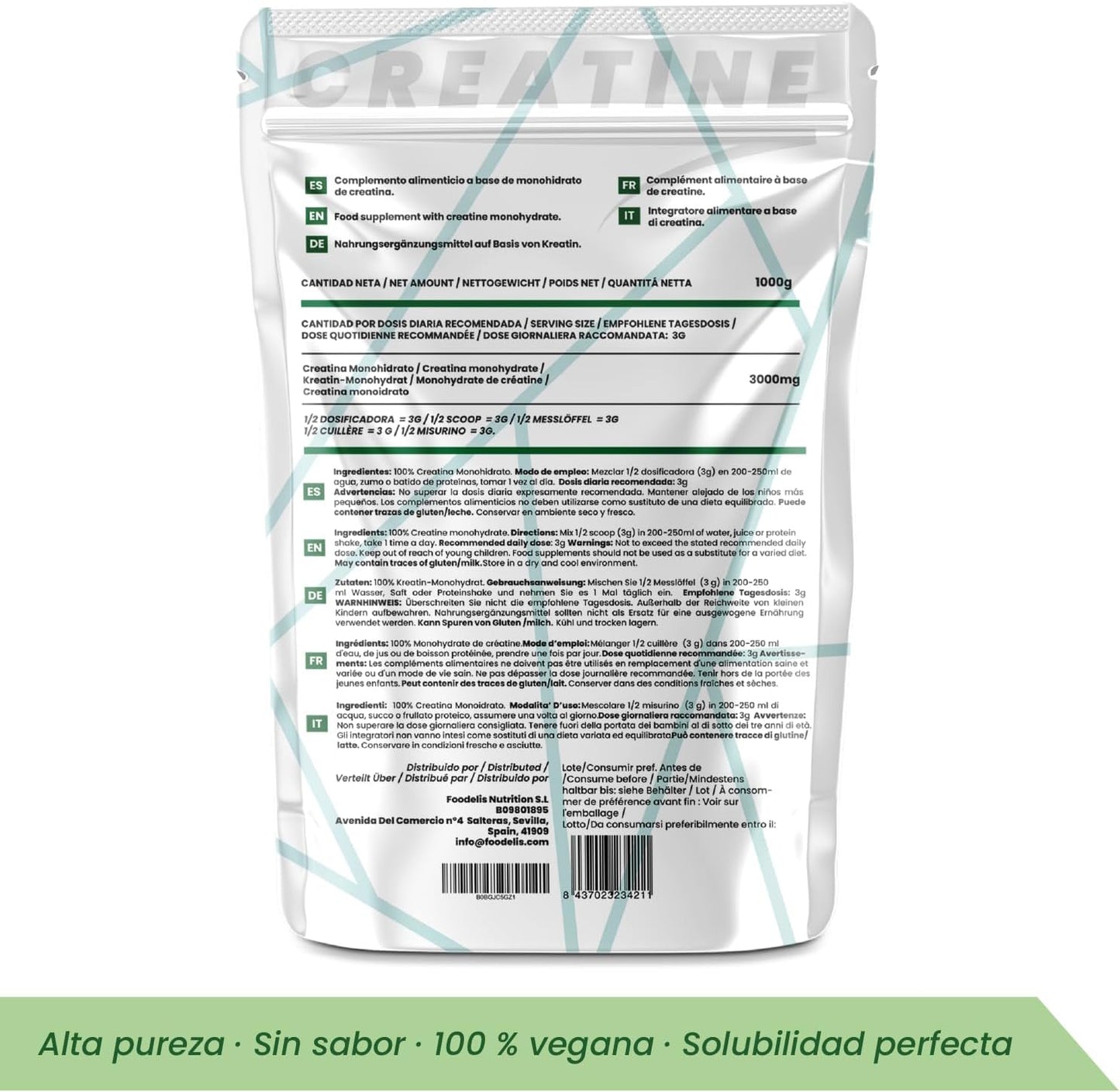 Foodelis Creatine Monohydrate Powder 1kg / 333 Doses - 100% Micronized Creatine Monohydrate - Unflavored - Pure and No Additives - Non-GMO - High Solubility - Includes Doser