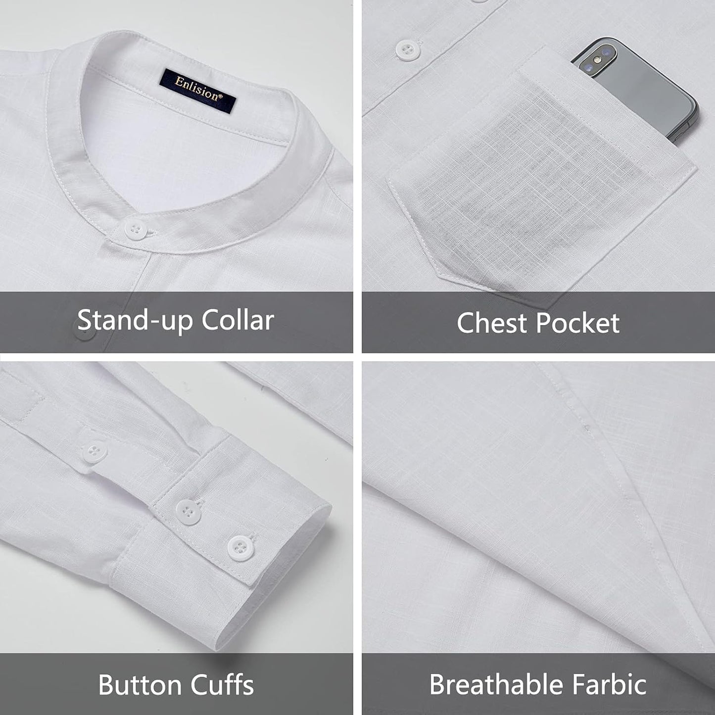 Enlision Men's Linen Shirt Long Sleeve Casual Summer Shirts Loose Leisure Solid Color Button Down Shirt Top with Pocket