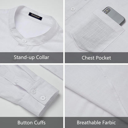 Enlision Men's Linen Shirt Long Sleeve Casual Summer Shirts Loose Leisure Solid Color Button Down Shirt Top with Pocket