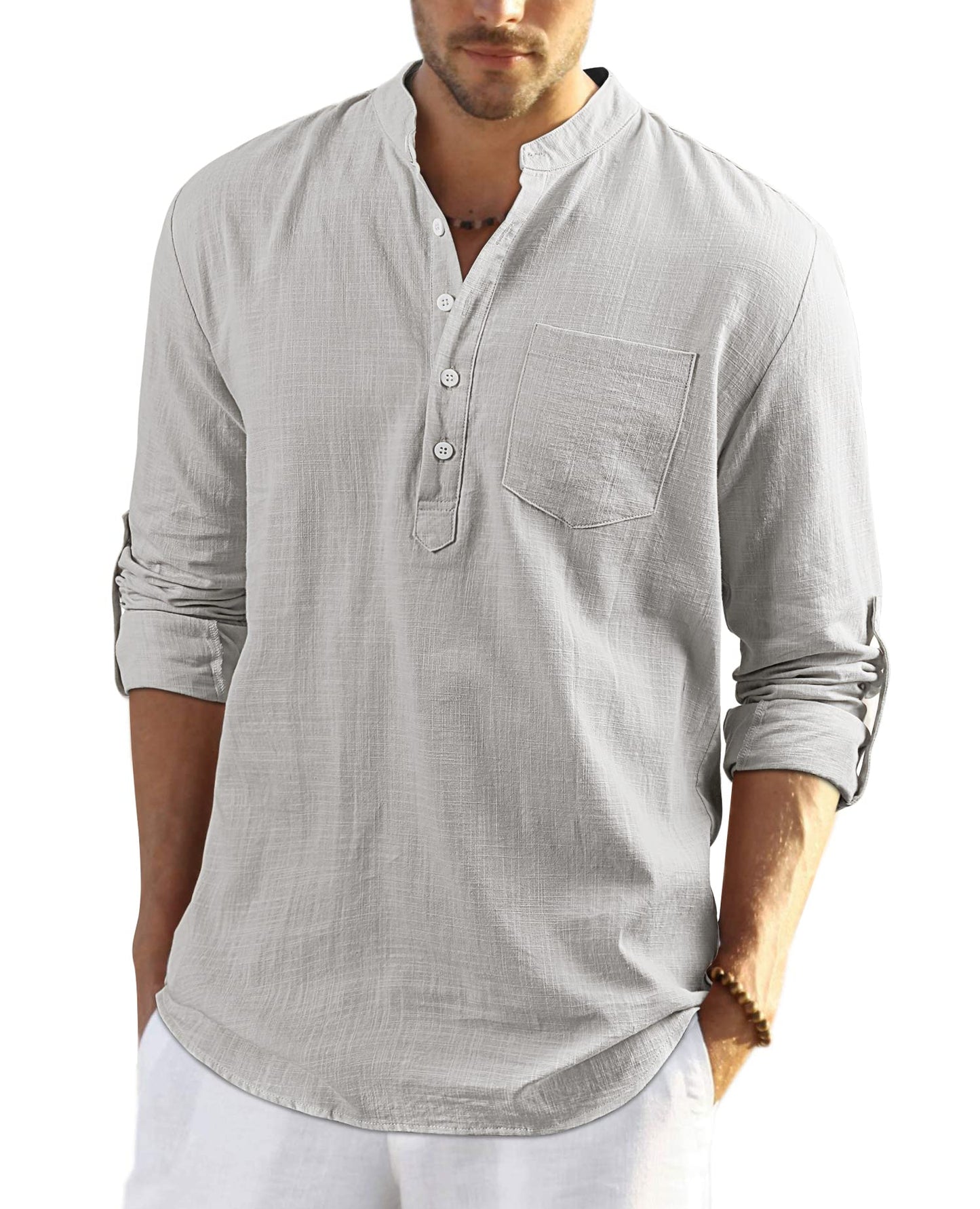 Enlision Men's Linen Shirt Long Sleeve Casual Summer Shirts Loose Leisure Solid Color Button Down Shirt Top with Pocket