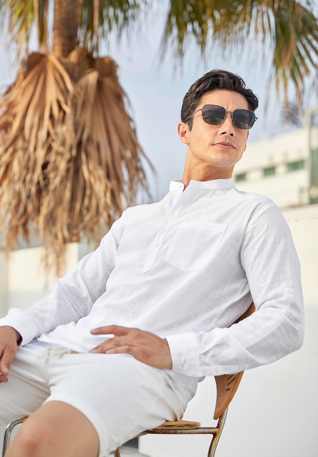 Enlision Men's Linen Shirt Long Sleeve Casual Summer Shirts Loose Leisure Solid Color Button Down Shirt Top with Pocket