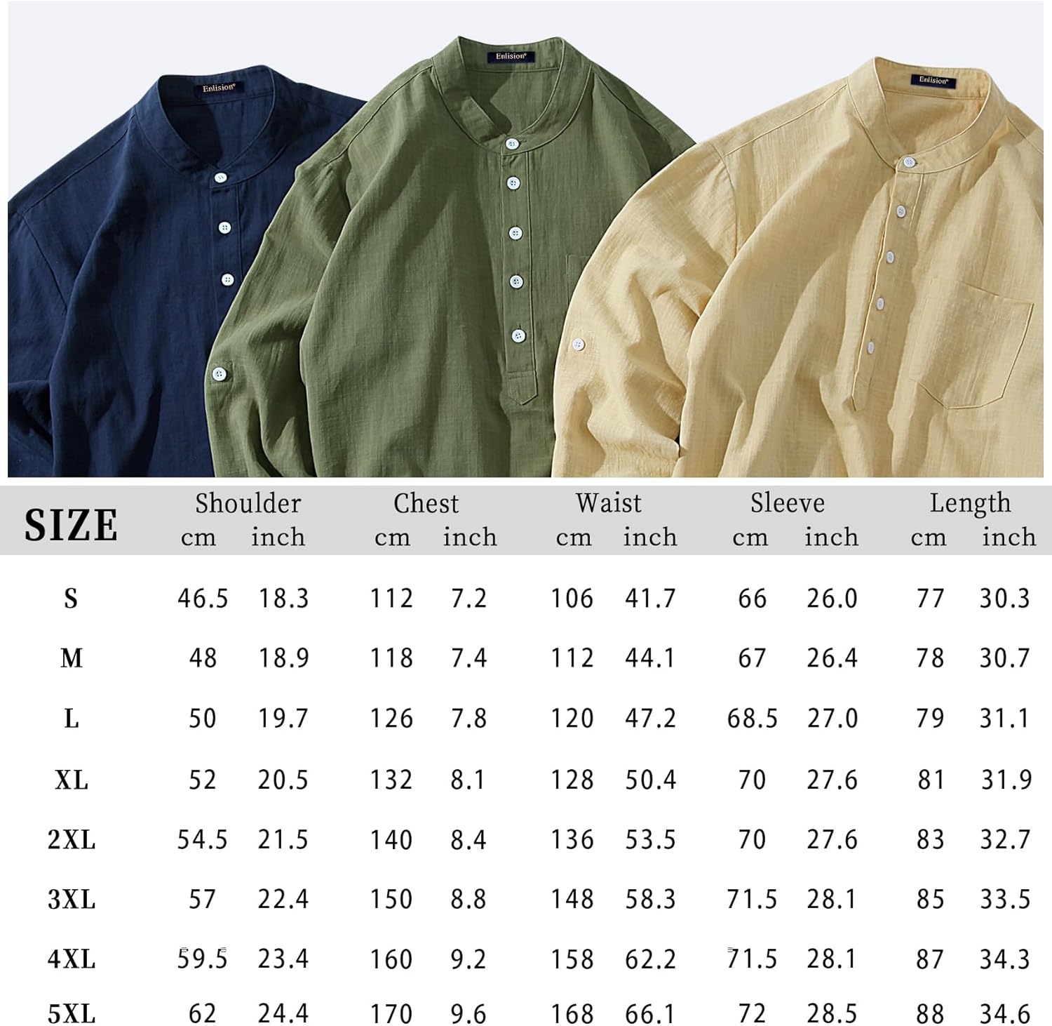 Enlision Men's Linen Shirt Long Sleeve Casual Summer Shirts Loose Leisure Solid Color Button Down Shirt Top with Pocket