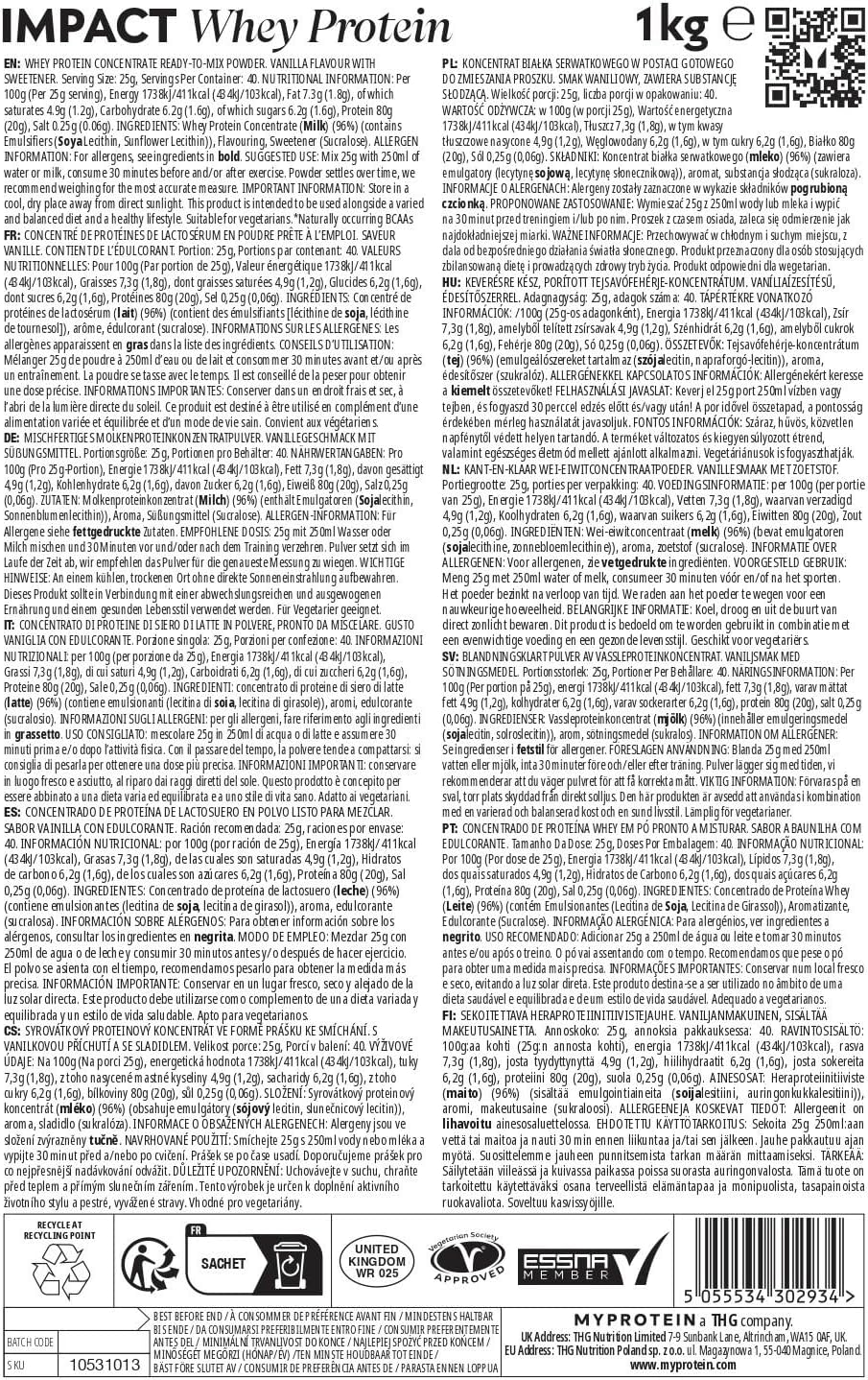 Myprotein Impact Whey Protein Powder | 23g Protein Per Serving | Vanilla 1kg | Low Sugar, Low Fat | Muscle Growth & Recovery