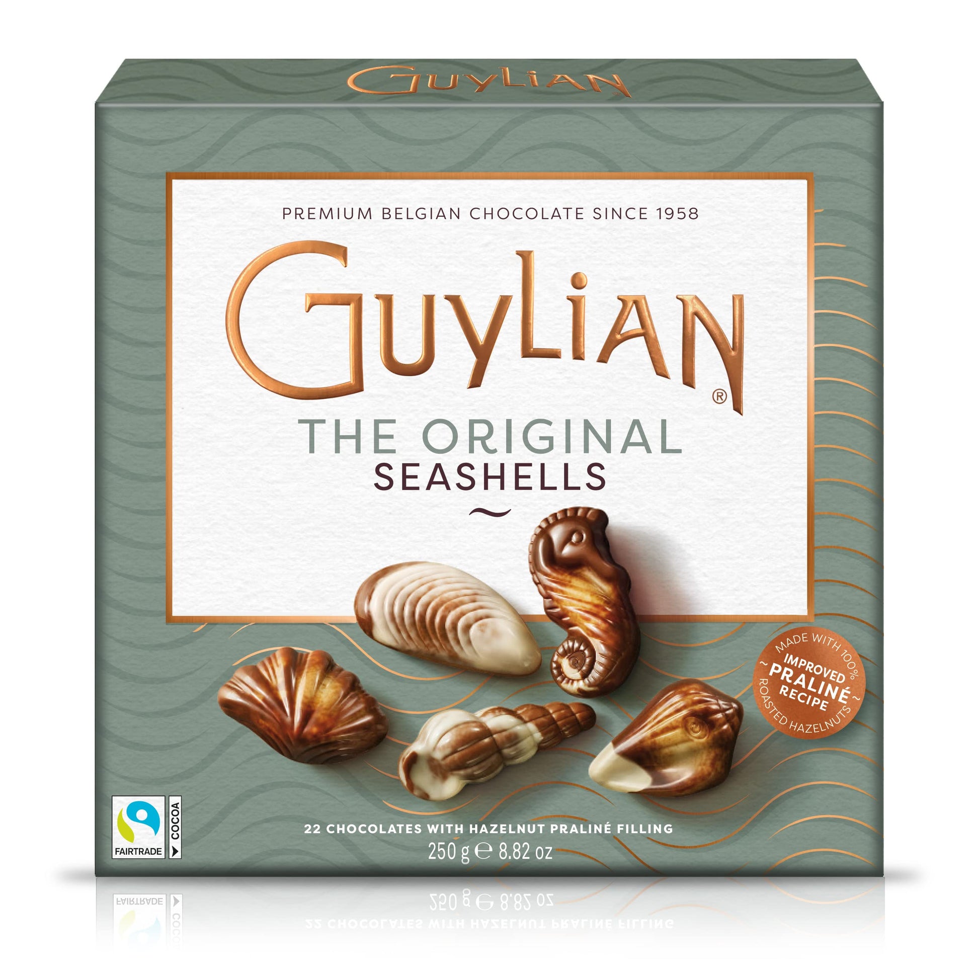 Guylian Belgian Chocolate Chocolates, Chocolate Filled with Dark Chocolate Praline, Chocolate in the shape of Sea Fruits with 72% Cocoa, 20 Units per Box, 225 g