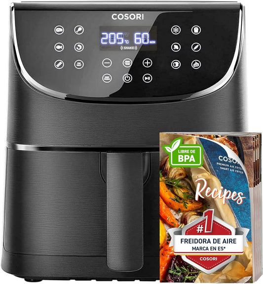 Cosori Air Fryer 5.7L Real Metallic Interior, Air Fryer Anti-Rust Design, Uniform Heating Technology, 40 Recipes, Fat Reduction for Healthy Living, Energy Efficiency, 1700W