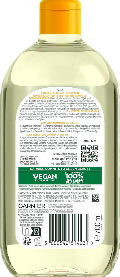 Garnier Micellar Water with Vitamin C, Cleanses, Removes and Brightens Off Skin, Hypoallergenic Formula, 700 ml
