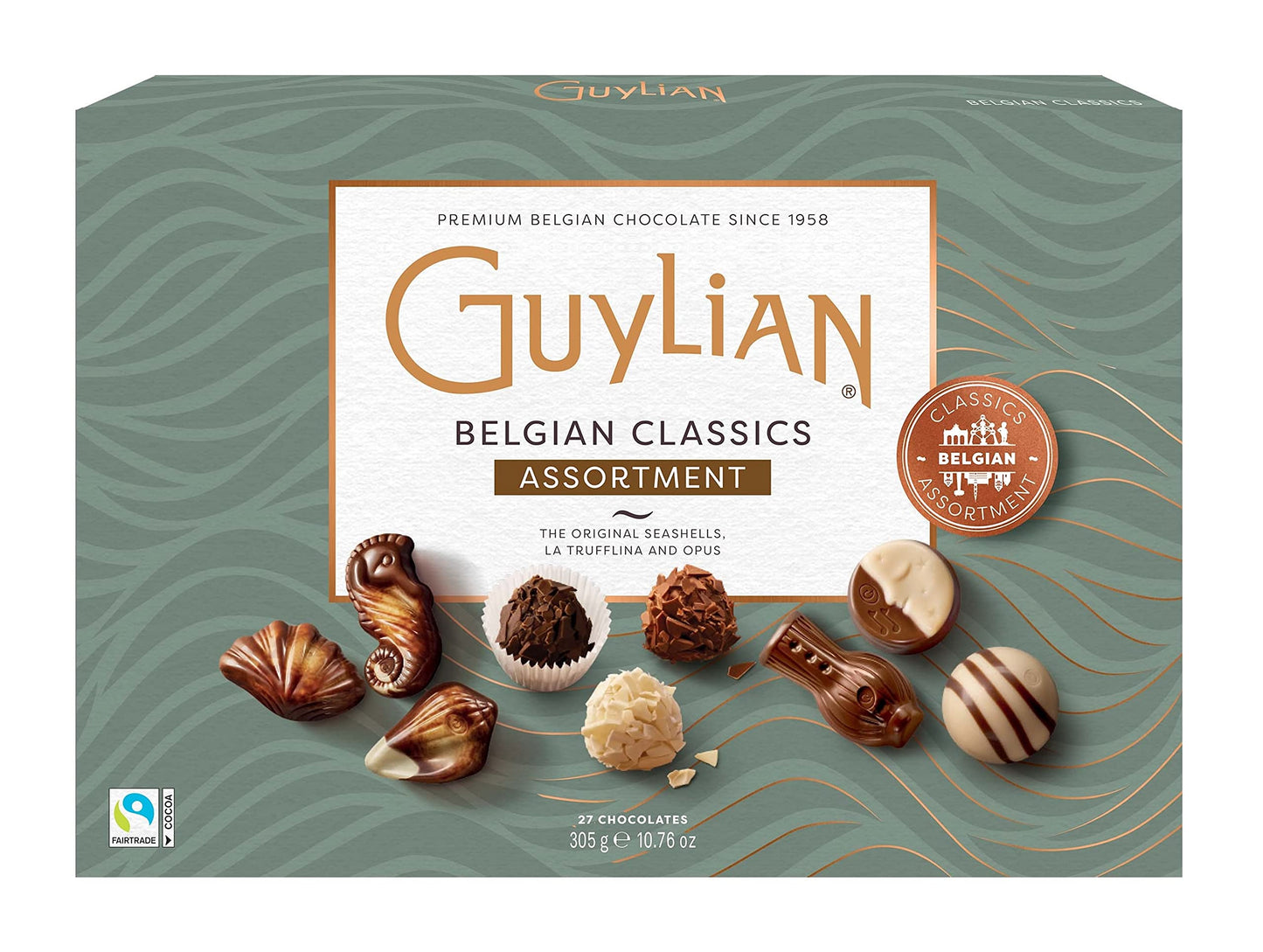 Guylian Belgian Chocolate Chocolates, Chocolate Filled with Dark Chocolate Praline, Chocolate in the shape of Sea Fruits with 72% Cocoa, 20 Units per Box, 225 g