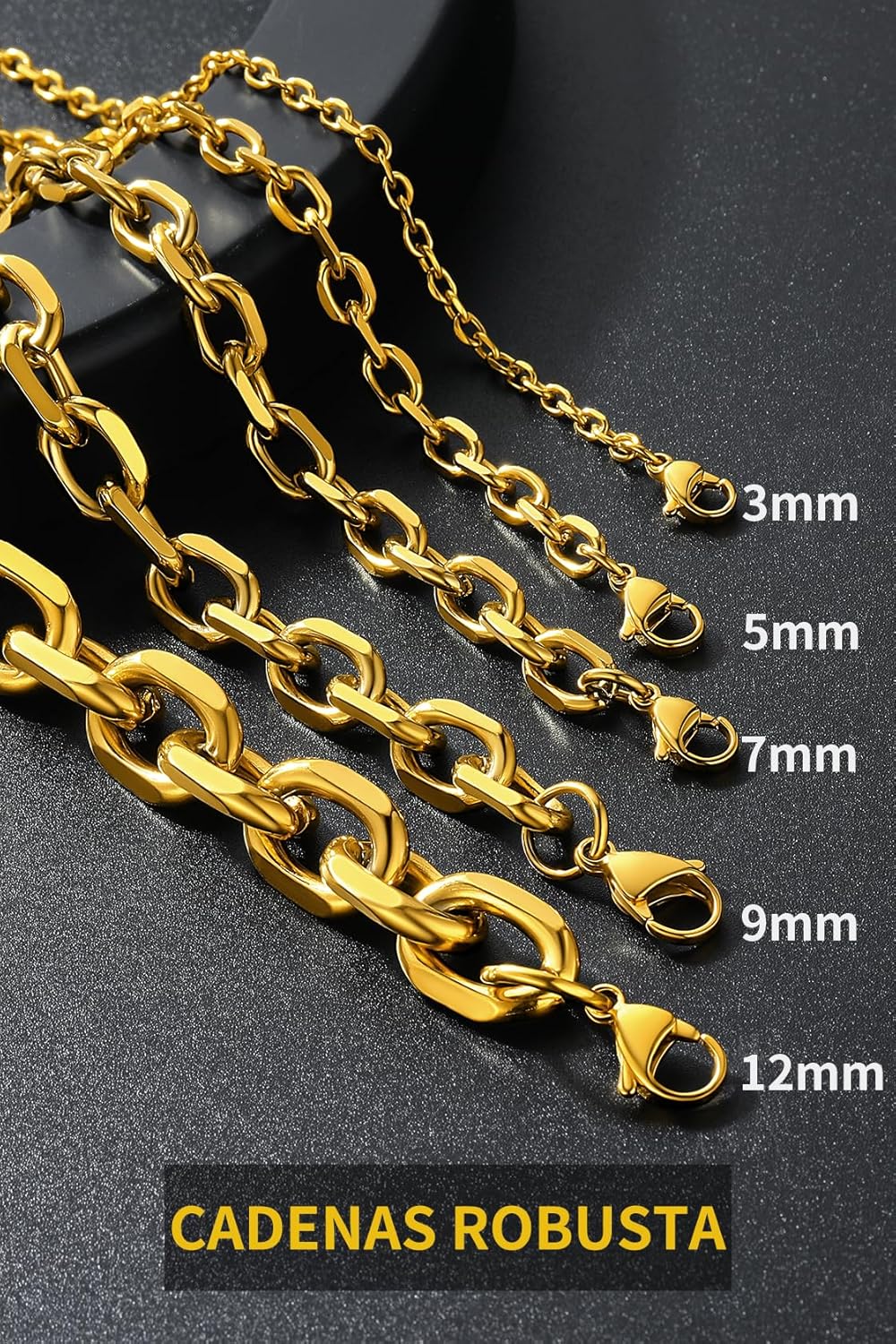 ChainsHouse Rolo Necklace for Women Men, 3-5-7-9-12 mm Wide, 46 cm - 76 cm Long [Platinum/Gold/Black], Jewellery Box Included