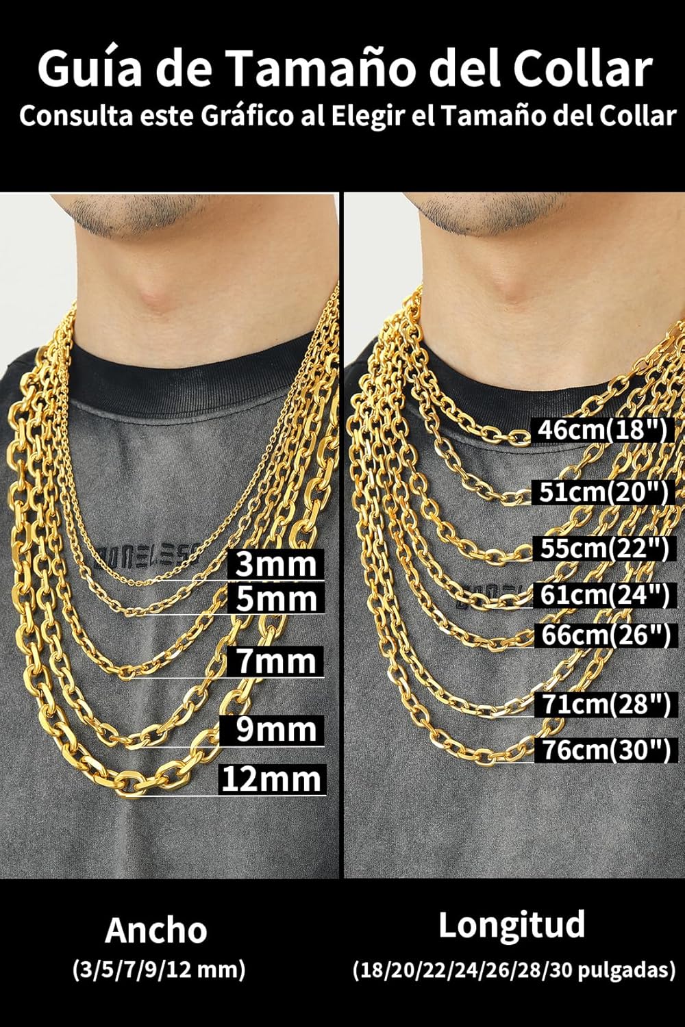 ChainsHouse Rolo Necklace for Women Men, 3-5-7-9-12 mm Wide, 46 cm - 76 cm Long [Platinum/Gold/Black], Jewellery Box Included